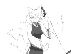 Rule 34 | 1girl, animal ears, arrow (symbol), fox ears, fox tail, holding, kinketsu, long sleeves, monochrome, multiple tails, no headwear, no mouth, phone, short hair, simple background, sleeves past wrists, solid circle eyes, solo, tabard, tail, touhou, translation request, white background, yakumo ran, you&#039;re doing it wrong
