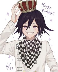 Rule 34 | 1boy, alternate headwear, arm up, black hair, blush, checkered background, checkered clothes, checkered scarf, commentary request, crown, danganronpa (series), danganronpa v3: killing harmony, dated, fangs, grin, hair between eyes, happy birthday, highres, looking at viewer, mado hara, male focus, oma kokichi, purple eyes, scarf, simple background, smile, solo, sparkle, teeth, white background