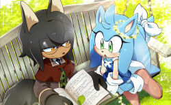Rule 34 | black hair, blue dress, blue hair, book, brown eyes, dress, flower, furry, furry female, furry male, glasses, green eyes, hair flower, hair ornament, hirata (pixiv560828), holding, holding book, mobian, on bench, open mouth, original, reading, sitting, smile, sonic (series)