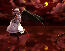 Rule 34 | 1girl, bat wings, cloud, female focus, floating, full moon, hat, hat ribbon, highres, holysnow, moon, night, purple hair, red eyes, red sky, reflection, remilia scarlet, ribbon, ripples, short hair, skirt hold, sky, smile, solo, touhou, water, wings