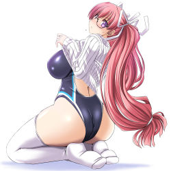 Rule 34 | 1girl, ass, black one-piece swimsuit, blush, breasts, clothes lift, competition swimsuit, from behind, glasses, head tilt, kneeling, large breasts, log-mi (tonpuu), long hair, one-piece swimsuit, original, pink hair, ponytail, purple eyes, ribbed sweater, solo, sweater, sweater lift, swimsuit, thighhighs, tonpuu, white sweater, white thighhighs