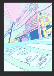 Rule 34 | black border, border, building, cloud, cloudy sky, commentary request, day, highres, jacktaro, no humans, original, outdoors, pastel colors, power lines, road, scenery, sky, utility pole