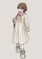 Rule 34 | 1girl, azumaya toushirou, bag, bob cut, brown bag, brown eyes, brown hair, collarbone, commentary request, dress, grey background, highres, long dress, long sleeves, original, pink scarf, scarf, shoes, shoulder bag, simple background, sleeves past wrists, smile, sneakers, socks, solo, sundress, white dress, white footwear