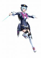 Rule 34 | 1girl, aqua eyes, beret, blue hair, boots, full body, hair over one eye, hat, official art, open mouth, phantasy star, phantasy star online 2, pointy ears, short hair, simple background, skirt, smile, solo, summoner (pso2), thighhighs, white background, zettai ryouiki