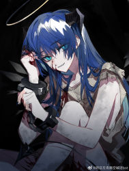 Rule 34 | 1girl, arknights, arknights gekonghanhua bot, artist name, bare arms, black background, blood, blood on face, blue eyes, blue hair, bound, bound arms, brown shirt, chain, cuffs, demon girl, demon horns, demon tail, detached wings, dirty, energy wings, halo, highres, horns, knee up, long hair, looking at viewer, mostima (arknights), parted lips, shackles, shirt, simple background, sitting, smile, solo, tail, torn clothes, torn shirt, very long hair, weibo watermark, wings
