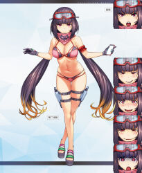 Rule 34 | 1girl, battle rifle, bikini, blunt bangs, breasts, brown hair, bullpup, cleavage, commentary request, dual wielding, eyewear on head, fate/grand order, fate (series), full body, gun, handgun, highres, holding, holster, large breasts, light brown hair, long hair, looking at viewer, low twintails, moriyama daisuke, multicolored hair, navel, official art, open mouth, osakabehime (fate), osakabehime (swimsuit archer) (fate), phone, pistol, red eyes, rifle, safety glasses, sandals, scarf, smile, solo, swimsuit, thigh holster, twintails, twitter username, weapon, white background