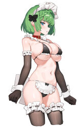 Rule 34 | 1girl, :/, absurdres, apron, arms at sides, belt collar, bikini, black bikini, black bow, black gloves, black thighhighs, blue eyes, bow, braid, breasts, character request, clenched hands, closed mouth, collar, copyright request, cropped legs, elbow gloves, frilled apron, frilled bikini, frills, gloves, green hair, hair bow, highres, large breasts, looking at viewer, maid, maid bikini, maid headdress, navel, profile, red collar, short hair, sideways glance, sideways mouth, simple background, skindentation, solo, string bikini, swimsuit, thighhighs, tunamayo (dsasd751), unconventional maid, waist apron, white apron, white background, white wrist cuffs, wrist cuffs