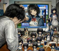 Rule 34 | 1boy, 1girl, absurdres, apron, black hair, bliss (image), blue dress, bow, bowtie, character doll, closed mouth, commentary, computer, computer keyboard, covering face, crt, dress, figure, fourth wall, hands on own face, headpat, highres, ikuta41, indoors, long sleeves, maid apron, maid headdress, medium hair, microsoft windows, monitor, original, puffy short sleeves, puffy sleeves, red bow, red bowtie, sad, shirt, short hair, short sleeves, smile, through medium, through screen, white apron, white headdress, white shirt, windows media player, windows xp