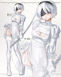 Rule 34 | 1girl, 2b (nier:automata), absurdres, black blindfold, black hairband, blindfold, boots, breasts, cleavage, dress, feather-trimmed sleeves, gloves, hairband, highres, holding, holding sword, holding weapon, juliet sleeves, leotard, leotard under clothes, long sleeves, mole, mole under mouth, nier:automata, nier (series), puffy sleeves, short hair, solo, sword, thigh boots, waligner, weapon, white dress, white footwear, white gloves, white hair