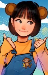Rule 34 | 1girl, absurdres, amos the fanboy, animal ears, artist name, banana, binnie (singer), black eyes, black hair, blue overalls, blunt bangs, bob cut, close-up, closed mouth, cloud, commentary, dated, dithered background, dithering, double thumbs up, empty eyes, fake animal ears, food, fruit, head tilt, highres, korean commentary, lips, long sleeves, looking away, looking to the side, monkey, monkey ears, oh my girl (k-pop group), overalls, pixel art, portrait, real life, shirt, short hair, signature, sky, sleeves past wrists, smile, solo, texture, thumbs up, upper body, yellow shirt