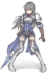 Rule 34 | 1girl, armor, boots, braid, full body, gloves, greaves, grey eyes, grey hair, long hair, pauldrons, pigeon-toed, polearm, purutoppu (toranohige), ravness loxaerion, shorts, shoulder armor, simple background, solo, spear, tactics ogre, thigh boots, thighhighs, twin braids, weapon