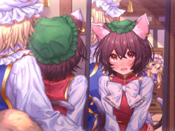 Rule 34 | 3girls, animal ears, animal hat, arm around back, back, blonde hair, blouse, blurry, blurry background, blurry foreground, bow, brown hair, cat ears, cat tail, chen, chest of drawers, choker, commentary request, dress, earrings, fox tail, from behind, gap (touhou), green headwear, hair between eyes, hand on another&#039;s hip, hat, hat ribbon, head tilt, high collar, highres, indoors, jewelry, long hair, looking at another, looking at mirror, masanaga (tsukasa), mirror, mob cap, multiple girls, multiple tails, neck ribbon, open mouth, peeking, purple dress, purple eyes, red eyes, red skirt, red vest, ribbon, ribbon choker, shirt, short hair, sidelocks, skirt, skirt set, smile, solo focus, tabard, tail, tassel, tatami, texture, touhou, two tails, vest, wall, white bow, white dress, white neckwear, white shirt, wooden ceiling, yakumo ran, yakumo yukari