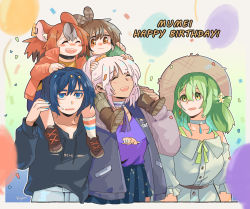 Rule 34 | 5girls, age difference, aged down, alternate costume, balloon, birthday, blue eyes, blue hair, boots, brown eyes, brown hair, casual, ceres fauna, closed eyes, confetti, dress, earrings, english text, feather hair ornament, feathers, fongban illust, green hair, hair intakes, hair ornament, hairclip, hakos baelz, happy birthday, hat, highres, holocouncil, hololive, hololive english, hood, hoodie, jacket, jewelry, long hair, multicolored hair, multiple girls, nail polish, nanashi mumei, ouro kronii, ponytail, purple shirt, red jacket, sanallite (tsukumo sana), shirt, smile, straw hat, streaked hair, sweatdrop, thick eyebrows, tsukumo sana, very long hair, virtual youtuber