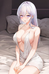 Rule 34 | 1girl, absurdres, backless dress, backless outfit, bare arms, bare shoulders, bed, bedroom, blush, breasts, cleavage, collarbone, dress, highres, large breasts, lillly, looking at viewer, low-cut, medium hair, no bra, novel illustration, official art, on bed, open mouth, original, purple eyes, short dress, sideboob, sitting, sleeveless, sleeveless dress, solo, spaghetti strap, thighs, white dress, white hair