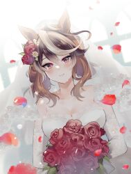 Rule 34 | 1girl, absurdres, alternate costume, alternate hairstyle, animal ears, bare shoulders, blush, bouquet, breasts, bridal veil, brown hair, cleavage, closed mouth, commentary request, dress, elbow gloves, flower, gloves, hair between eyes, highres, holding, holding bouquet, horse ears, horse girl, medium breasts, medium hair, multicolored hair, narusawa (njzc2582), petals, purple eyes, red flower, red rose, rose, smile, solo, streaked hair, symboli rudolf (umamusume), umamusume, veil, wedding dress, white dress, white gloves, white hair