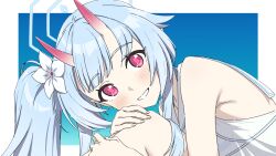 Rule 34 | 1girl, :d, aqua hair, bent over, bikini, blue archive, brilliantko, camisole, chise (blue archive), chise (swimsuit) (blue archive), collarbone, commentary request, flower, from side, hair between eyes, hair flower, hair ornament, halo, head tilt, highres, horns, knees up, long hair, looking at viewer, looking to the side, official alternate costume, official alternate hairstyle, oni horns, open mouth, red eyes, see-through, see-through camisole, side ponytail, sidelocks, simple background, sleeveless, smile, solo, striped bikini, striped clothes, swimsuit