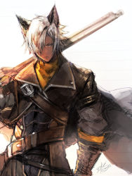 Rule 34 | 10s, 1boy, animal ears, armor, artist request, blue eyes, cape, closed mouth, eustace (granblue fantasy), gloves, granblue fantasy, gun, highres, holding, holding weapon, male focus, sketch, solo, upper body, weapon, white hair
