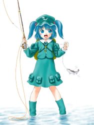 Rule 34 | 1girl, blue eyes, blue hair, female focus, fish, fishing, fishing rod, hair bobbles, hair ornament, hat, holding, holding fishing rod, kawashiro nitori, matching hair/eyes, solo, touhou, twintails, two side up