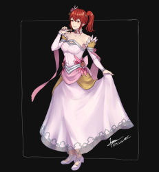 Rule 34 | 1girl, alternate costume, anna (fire emblem), bare shoulders, black background, blush, breasts, bride (fire emblem), choker, cleavage, cleavage cutout, clothing cutout, cm lynarc, dress, finger to face, fire emblem, fire emblem heroes, flower, flower choker, full body, hair between eyes, highres, medium breasts, medium hair, nintendo, pink dress, pink flower, pink footwear, pink rose, ponytail, red eyes, red hair, rose, smile, solo, wedding dress