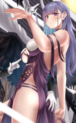 Rule 34 | 1girl, absurdres, ass grab, azur lane, back, bare shoulders, blazer, breasts, cleavage, criss-cross halter, dido (anxious bisque doll) (azur lane), dido (azur lane), disembodied limb, dress, from below, gloves, hairband, halter dress, halterneck, hands on another&#039;s thigh, highres, huge filesize, jacket, large breasts, light purple hair, long dress, long hair, looking at viewer, multiple hands, numaguro (tomokun0808), purple dress, purple eyes, purple hairband, side slit, solo, thighs, white gloves