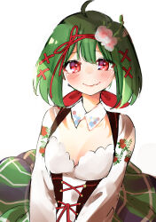Rule 34 | 1girl, absurdres, ahoge, blush, breasts, closed mouth, collarbone, fang, fang out, flower, green hair, green skirt, hair between eyes, hair flower, hair ornament, highres, looking at viewer, macross, macross frontier, misuka sumin, plaid, plaid skirt, ranka lee, red eyes, shirt, simple background, skirt, small breasts, smile, solo, white background, white flower, white shirt