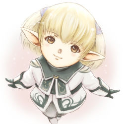 Rule 34 | 00s, 123 (tyamaguch), 1girl, bad id, bad pixiv id, belle shantotto, blonde hair, blush, face, final fantasy, final fantasy xi, from above, hair tie, head tilt, looking at viewer, outstretched arms, pointy ears, short hair, smile, solo, spread arms, tarutaru, twintails, tyamaguch, yellow eyes