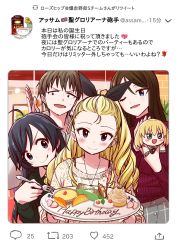 Rule 34 | 4girls, :q, ahoge, assam (girls und panzer), black eyes, black hair, black ribbon, black shirt, blonde hair, blue eyes, blush stickers, bra strap, brown eyes, brown hair, candle, casual, character doll, closed mouth, commentary, cupcake, curtains, dessert, doll, english text, food, fork, freckles, frown, fruit, girls und panzer, grey shirt, grey skirt, hair pulled back, hair ribbon, happy birthday, highres, holding, holding doll, holding fork, holding plate, hone (honehone083), hood, hoodie, indoors, isuzu hana, katyusha (girls und panzer), licking lips, long hair, long sleeves, looking at viewer, multiple girls, naomi (girls und panzer), nonna (girls und panzer), one eye closed, open mouth, orange (fruit), pie, plate, purple sweater, restaurant, ribbon, shirt, short hair, skirt, smile, standing, strawberry, sweatdrop, sweater, swept bangs, tongue, tongue out, trait connection, translated, turtleneck, tweet, twitter, v-shaped eyebrows, very short hair, waving, white sweater