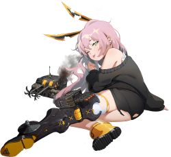 Rule 34 | 1girl, artist request, black cardigan, blue oath, blush, boots, cardigan, damaged, dress, ear piercing, highres, long hair, long sleeves, mechanical legs, official art, one eye closed, piercing, pink hair, single mechanical leg, sleeveless, sleeveless dress, smoke, solo, tears, tongue, tongue out, torn clothes, torn legwear, transparent background, white dress, yellow eyes, yuudachi (blue oath)
