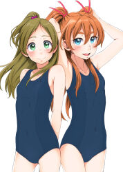Rule 34 | 2girls, :d, armpits, arms behind back, arms up, bare arms, blue eyes, blue one-piece swimsuit, breasts, brown hair, closed mouth, collarbone, cowboy shot, floating hair, green eyes, green hair, hair between eyes, hair bobbles, hair ornament, hair ribbon, highres, houjou hibiki, long hair, looking at viewer, minamino kanade, multiple girls, one-piece swimsuit, open mouth, parted bangs, ponytail, precure, red ribbon, ribbon, sakura kotetsu, school swimsuit, simple background, small breasts, smile, standing, suite precure, swimsuit, twintails, white background