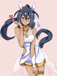 Rule 34 | 1girl, animal ears, bare shoulders, black hair, blowing kiss, blue nails, blush, breasts, brown background, cleavage, commentary, cowboy shot, dark-skinned female, dark skin, dress, ear covers, fang, gem, gold bracelet, gold necklace, hair between eyes, heart, highres, hishi amazon (hungry veil) (umamusume), hishi amazon (umamusume), horse ears, horse girl, jewelry, long hair, medium breasts, necklace, nontraditional wedding dress, official alternate costume, ponytail, red eyes, simple background, smile, solo, umamusume, upper body, vandy76, very long hair, wedding dress, white dress