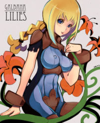 Rule 34 | 00s, 1girl, :p, blonde hair, blue eyes, braid, breasts, brown eyes, covered erect nipples, final fantasy, final fantasy xii, flower, lily (flower), penelo, sho-n-d, skin tight, solo, tongue, tongue out, twin braids