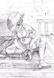 Rule 34 | 1girl, belt, boots, breasts, cleavage, commentary, cowboy boots, cowboy hat, crop top, freckles, front-tie top, girls und panzer, graphite (medium), greyscale, gun, handgun, hat, hat over one eye, highres, holding, holding gun, holding weapon, looking at viewer, makicha (sasurainopink), medium breasts, midriff, monochrome, naomi (girls und panzer), navel, parted lips, revolver, short hair, short shorts, short sleeves, shorts, sitting, sketch, smile, solo, stairs, star (symbol), thighhighs, traditional media, very short hair, weapon