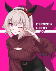 Rule 34 | 1girl, ;), black hairband, black pants, blush, bow, character name, cleavage cutout, clothing cutout, curren chan (umamusume), ear bow, ear covers, grey hair, haibarasaika, hairband, highres, horse girl, looking at viewer, one eye closed, pants, red bow, red sweater, ribbed sweater, short hair, smile, solo, sweater, umamusume, v