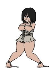 Rule 34 | 1girl, areola slip, arms behind back, barefoot, bdsm, belt, belt bra, belt buckle, black hair, bondage, bound, breasts, breasts squeezed together, buckle, cameltoe, cleft of venus, concept art, crazy eyes, crazy smile, darkest dungeon, full body, grin, high-visibility vest, large breasts, medium hair, no bra, open clothes, open vest, panties, smile, solo, standing, string panties, torn clothes, transparent background, underwear, vest, white eyes, xelsword