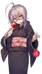 Rule 34 | 1girl, ahoge, akieda, artoria pendragon (fate), black-framed eyewear, blonde hair, blush, candy apple, dress, fate/grand order, fate (series), food, highres, japanese clothes, kimono, looking at viewer, mysterious heroine x alter (fate), open mouth, ribbon, semi-rimless eyewear, short hair, simple background, solo, under-rim eyewear, white background, yellow eyes