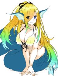 Rule 34 | 1girl, bad id, bad twitter id, black ribbon, blonde hair, blue eyes, breasts, cleavage, closed mouth, eyes visible through hair, fins, gradient hair, hair ribbon, head fins, highres, large breasts, long hair, looking at viewer, mermaid, monster girl, multicolored hair, original, ponytail, ribbon, shell hair ornament, simple background, sitting, smile, solo, suruga (xsurugax), v arms, very long hair, white background