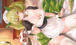 Rule 34 | 1girl, apron, blush, breasts, cake, dragon girl, dragon horns, dragon tail, dress, duel monster, food, green hair, green horns, green tail, green wings, highres, holding, holding tray, horns, lace-trimmed apron, lace trim, large breasts, looking at viewer, maid, maid apron, maid headdress, mexif, open mouth, parlor dragonmaid, puffy sleeves, sample watermark, second-party source, short sleeves, solo, tail, tray, watermark, wings, yellow eyes, yu-gi-oh!