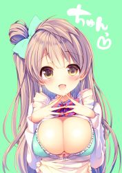 Rule 34 | 10s, 1girl, aqua bra, ayuma sayu, blush, bra, breasts, breasts out, brown eyes, brown hair, cleavage, female focus, front-tie top, green background, hair ribbon, large breasts, long hair, looking at viewer, love live!, love live! school idol project, minami kotori, nipples, open mouth, ribbon, side ponytail, smile, solo, underwear