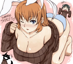 Rule 34 | 2girls, animal ears, bare shoulders, barefoot, blue eyes, blue panties, blush, breasts, brown hair, charlotte e. yeager, cleavage, fang, francesca lucchini, huge breasts, komusou (jinrikisha), long hair, miyafuji yoshika, multiple girls, one eye closed, open mouth, panties, rabbit ears, rabbit girl, ribbed sweater, silhouette demon, smile, strike witches, sweater, underwear, wink, world witches series
