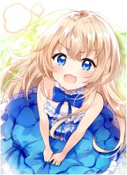 Rule 34 | 10s, 1girl, angry, bare arms, bare shoulders, blonde hair, blue bow, blue dress, blue eyes, blush, bow, collarbone, commentary request, detached collar, dress, fangs, fukunoki tokuwa, hair between eyes, highres, long hair, looking at viewer, open mouth, solo, strapless, strapless dress, takanashi misha, uchi no maid ga uzasugiru!, v-shaped eyebrows, very long hair, wavy mouth