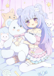 Rule 34 | 1girl, animal, bare shoulders, blue choker, blue skirt, blunt bangs, blush, candy, choker, collarbone, commission, criss-cross halter, curtains, detached sleeves, dot nose, double bun, fang, food, full body, gradient hair, hair bun, halterneck, heart, heart choker, highres, hugging object, layered skirt, lollipop, long hair, looking at viewer, multicolored hair, navel, on bed, open mouth, original, oversized animal, pink hair, pink skirt, pink sleeves, purple eyes, purple hair, raised eyebrows, short sleeves, sidelocks, sitting, skeb commission, skin fang, skirt, solo, star (symbol), star in eye, stomach, streaked hair, stuffed animal, stuffed cat, stuffed rabbit, stuffed toy, symbol in eye, teddy bear, thighhighs, two side up, tyomimas, variant set, wariza, wavy mouth, white skirt, white thighhighs, wrist cuffs