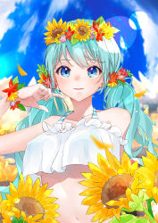 Rule 34 | 1girl, absurdres, anzu (x anzu ill), bikini, blue eyes, blue hair, breasts, collarbone, flower, hair flower, hair ornament, hatsune miku, head wreath, highres, long hair, looking at viewer, navel, open mouth, pink flower, red flower, small breasts, solo, sunflower, swimsuit, twintails, underboob, upper body, vocaloid, white bikini, yellow flower