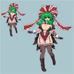 Rule 34 | 1girl, alternate costume, bad id, bad twitter id, boots, bow, breasts, cleavage, commentary, corset, front ponytail, full body, garter straps, gloves, green eyes, green hair, hair bow, hair ribbon, kagiyama hina, large breasts, long hair, looking at viewer, namako daibakuhatsu, navel, pixel art, ribbon, simple background, smile, solo, standing, thighhighs, thighs, touhou