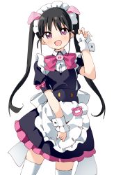 Rule 34 | 1girl, akiba maid sensou, alternate costume, animal ears, apron, arm up, black hair, blue dress, blush, bow, bowtie, collared dress, dress, enmaided, fake animal ears, frilled apron, frills, haru (konomi 150), highres, layered dress, maid, maid headdress, open mouth, pig ears, pink bow, puffy short sleeves, puffy sleeves, purple eyes, short sleeves, simple background, smile, solo, standing, thighhighs, twintails, waist apron, white apron, white background, white thighhighs, white wrist cuffs, wrist cuffs, yumechi (akiba maid sensou)
