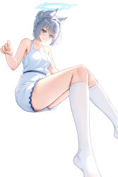 Rule 34 | 1girl, alternate costume, alternate hairstyle, animal ear fluff, animal ears, bare shoulders, blue archive, blue camisole, blue eyes, blue halo, blue shorts, blush, camisole, closed mouth, collarbone, commentary request, feet out of frame, from below, full body, hair bun, halo, highres, invisible chair, looking at viewer, menck5428, mismatched pupils, pajamas, shiroko (blue archive), short hair, shorts, simple background, single hair bun, sitting, smile, socks, solo, thighs, white background, white socks, wolf ears, wolf girl