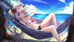 Rule 34 | 1girl, absurdres, animal ears, azur lane, bare arms, bare legs, bare shoulders, beach, bikini, black bow, blue eyes, bow, breasts, cat ears, cloud, collarbone, commentary, commission, day, english commentary, flower, frilled bikini, frills, hair bow, hair flower, hair ornament, hammann (azur lane), hammann (rebellious summer) (azur lane), hammock, highres, lemontea (ekvr5838), looking at viewer, lying, medium hair, navel, ocean, on back, one eye closed, open mouth, outdoors, rose, rubbing eyes, sand, shadow, silver hair, small breasts, solo, stomach, sunlight, swimsuit, tree, twintails, waking up, water
