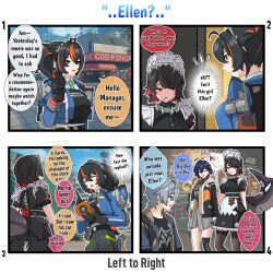 Rule 34 | 1boy, 3girls, belle (zenless zone zero), black hair, blue eyes, blue hair, blue jacket, ellen joe, english text, fins, fish tail, grey hair, highres, jacket, jealous, kulo jawa, left-to-right manga, maid, maid headdress, multicolored hair, multiple girls, necktie, pantyhose, police, police badge, police uniform, policewoman, red eyes, red hair, shark girl, shark tail, single thighhigh, skirt, speech bubble, tail, thighhighs, thighs, wise (zenless zone zero), zenless zone zero, zhu yuan