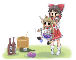 Rule 34 | 2girls, ahoge, ascot, barrel, black sclera, blush, bottle, bow, brown hair, chain, chamaji, colored sclera, commentary request, cuffs, detached sleeves, fang, frilled bow, frills, gourd, hair bow, hair tubes, hakurei reimu, horn ornament, horn ribbon, horns, ibuki suika, jitome, lifting person, long hair, multiple girls, nontraditional miko, oni, oni horns, open mouth, orange eyes, orange hair, outstretched arms, pointy ears, ribbon, sake bottle, saliva, shackles, shoes, short hair, simple background, skirt, skirt set, socks, solid oval eyes, sweatdrop, torn clothes, torn sleeves, touhou, translation request, weights, white background, wrist cuffs