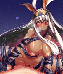Rule 34 | 1boy, 1girl, animal ears, antenna hair, bandages, black bandages, black hair, breasts, censored, clenched teeth, colored inner hair, cowgirl position, dark-skinned female, dark skin, facepaint, facial mark, fate/grand order, fate (series), girl on top, hairband, hetero, highres, hukokukyohei, jackal ears, large breasts, leaning forward, long hair, looking at viewer, multicolored hair, naked bandage, navel, night, night sky, nipples, nitocris (fate), nitocris alter (fate), nude, penis, pussy, sex, sidelocks, sky, spread legs, straddling, streaked hair, teeth, thighs, vaginal, very long hair, white hair, yellow eyes