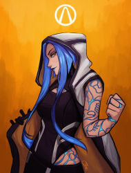 Rule 34 | 1girl, belt, black gloves, blue hair, blue lips, borderlands (series), borderlands 3, clenched hand, closed mouth, cowboy shot, gloves, gradient background, highres, hood, hood up, hooded jacket, jacket, leotard, lips, looking at viewer, maya (borderlands), open clothes, open jacket, qtori, science fiction, short hair with long locks, signature, single glove, siren (borderlands), sleeveless, solo, tattoo, yellow background, yellow eyes